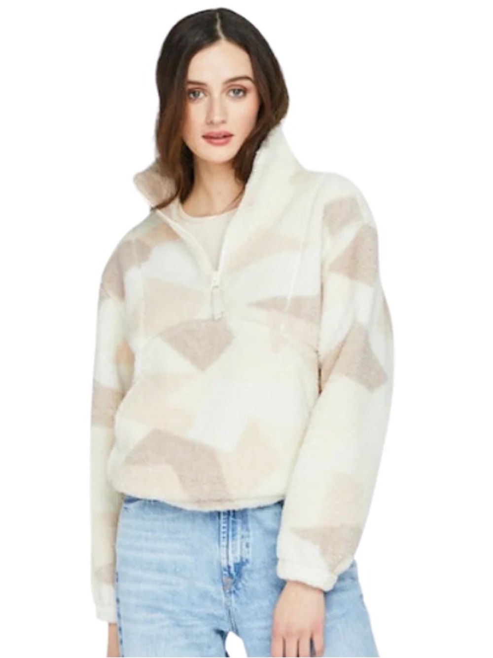 Gentle Fawn Caleb Sweater Fleece Tan Geometric Quarter Zip Boxy Pullover Size M
